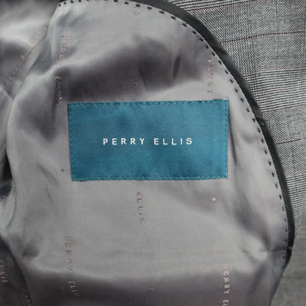 Perry Ellis Blazer Mens 44 Regular Very Slim Stretch Grey Glen Plaid Jacket Coat
